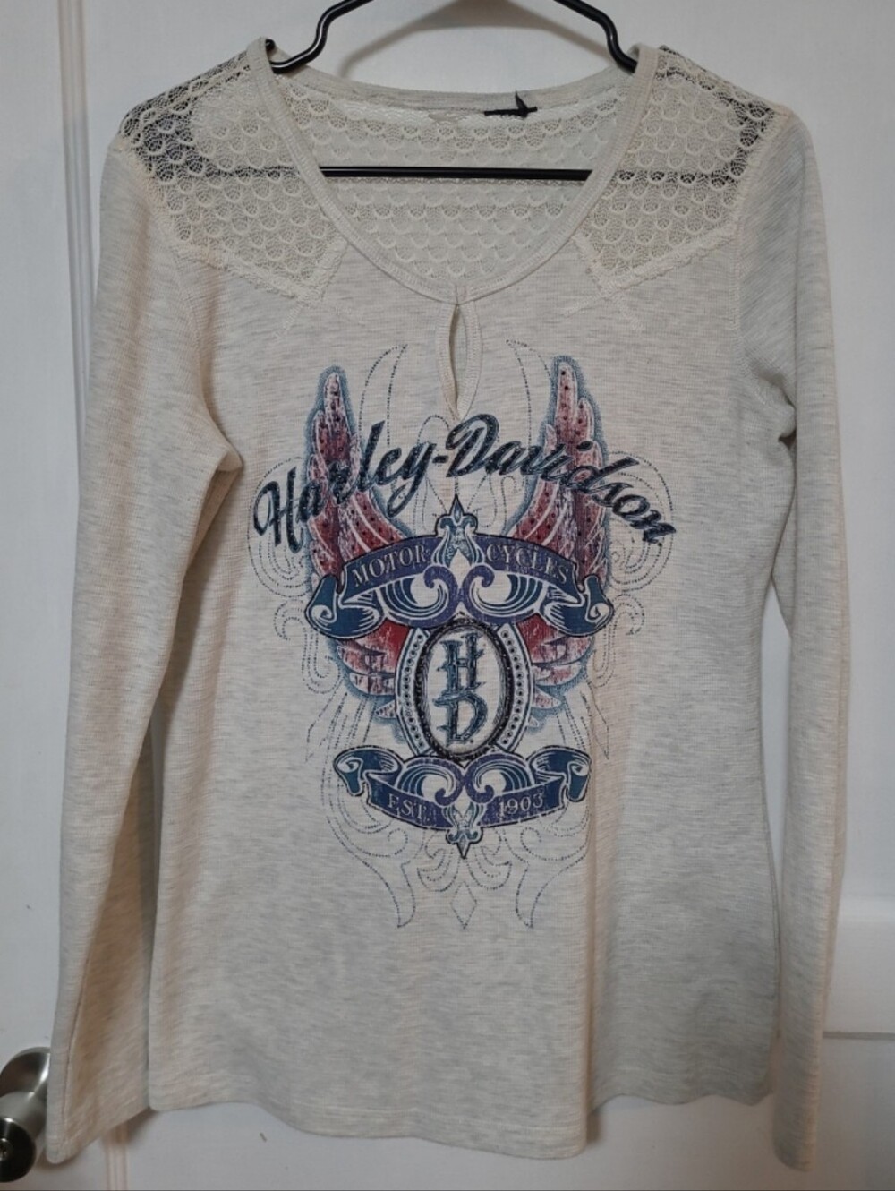 Harley-Davidson Cream Thermal Graphic Lace Yoke Long Sleeve Bling Shirt Large